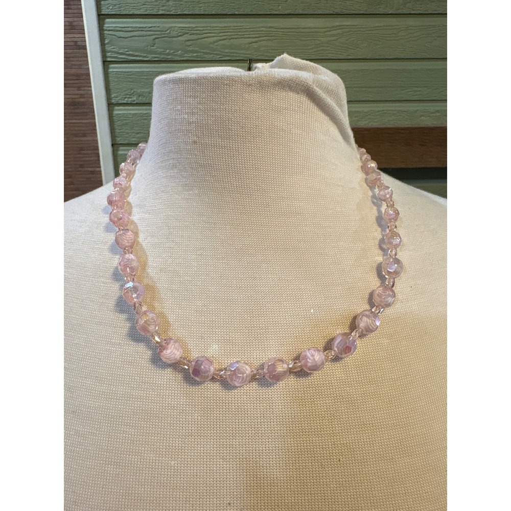 Joy Signed Sparkly Pink Beaded Faceted Necklace Iridescent 20 Inch
